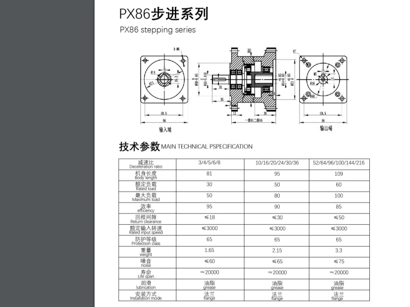 PX86 planetary gear reducer parameters PX86 planetary gear reducer parameters